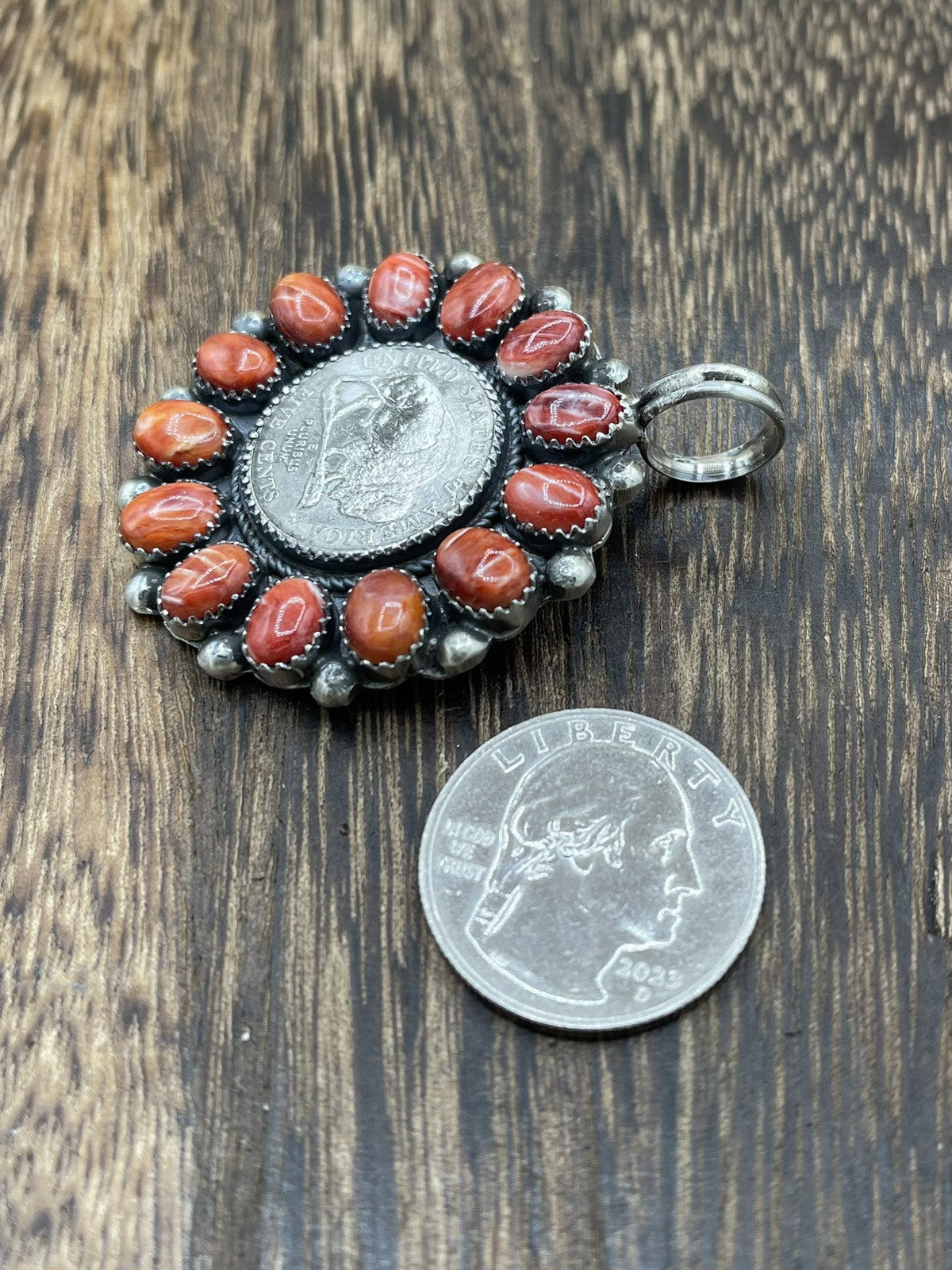 Navajo Handmade Sterling Silver Red Spiny Oyster Cluster Buffalo Coin Pendant