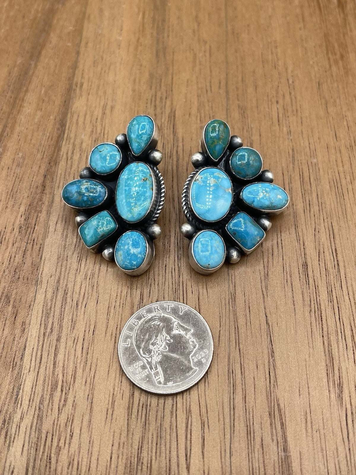 Navajo Handmade Sterling Silver Kingman Turquoise Half Cluster Earrings Tricia S