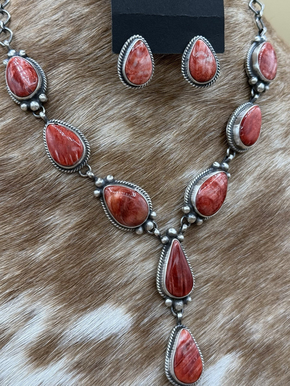 Navajo Handmade Sterling Silver Red Spiny Oyster Shell Lariat Necklace Set 20”