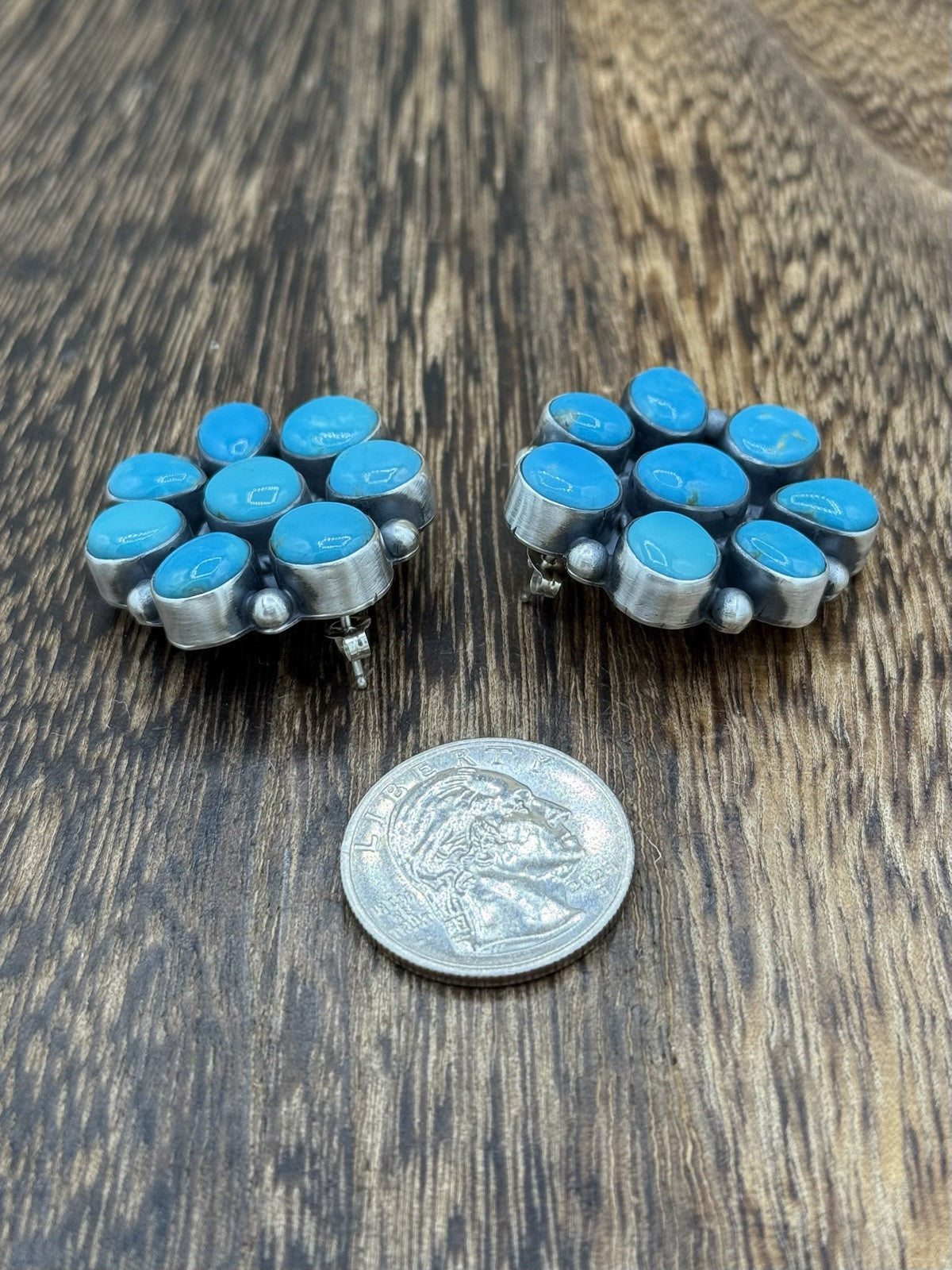 Navajo Handmade Sterling Silver Kingman Turquoise Cluster Earrings Tricia Smith