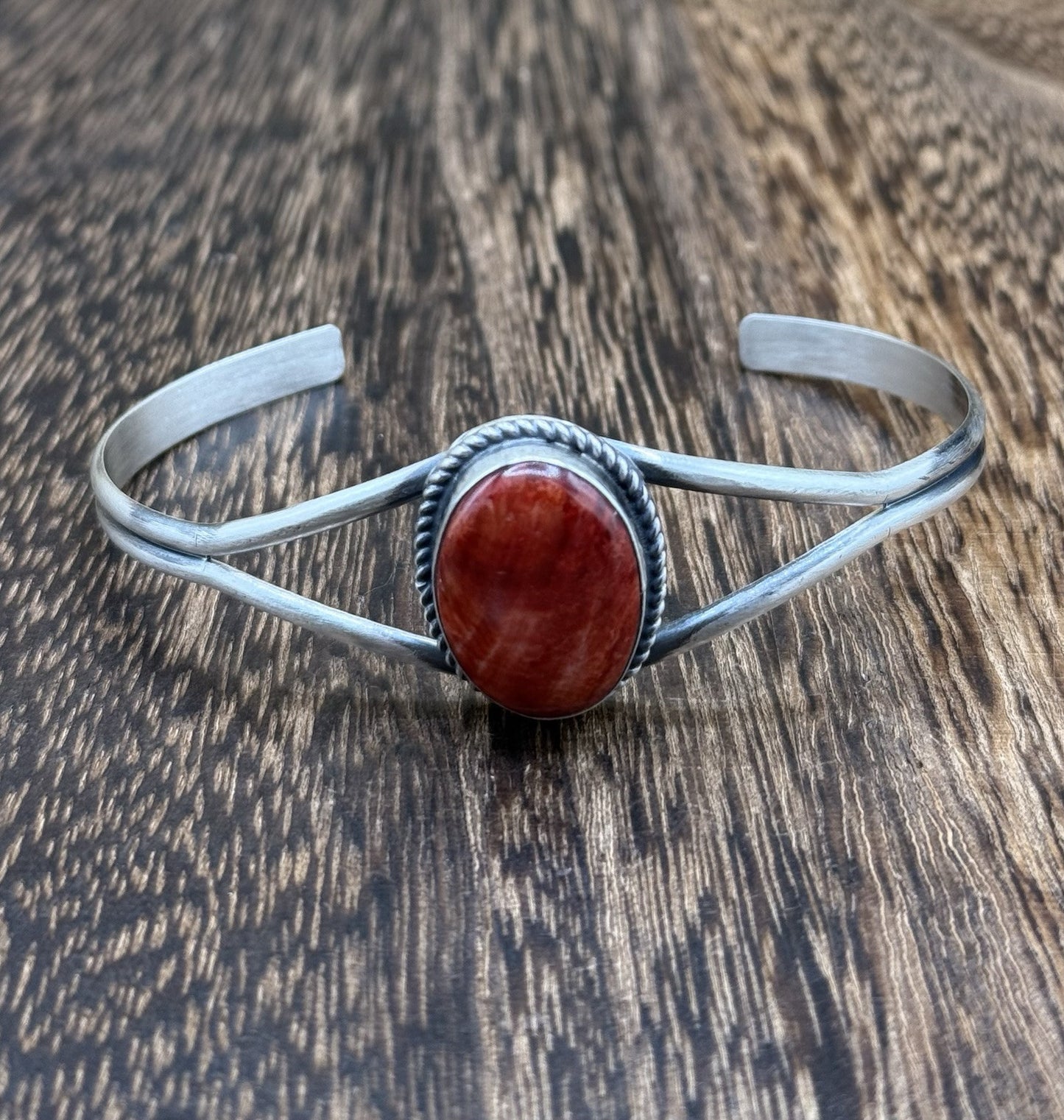 Navajo Handmade Sterling Silver Red Spiny Oyster Stacker Old Look Bracelet
