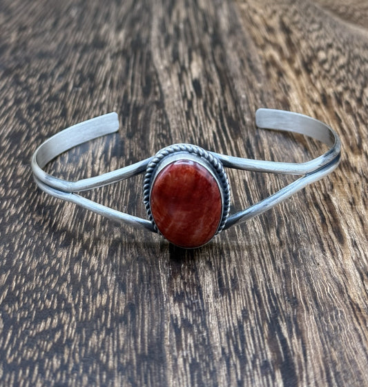 Navajo Handmade Sterling Silver Red Spiny Oyster Stacker Old Look Bracelet