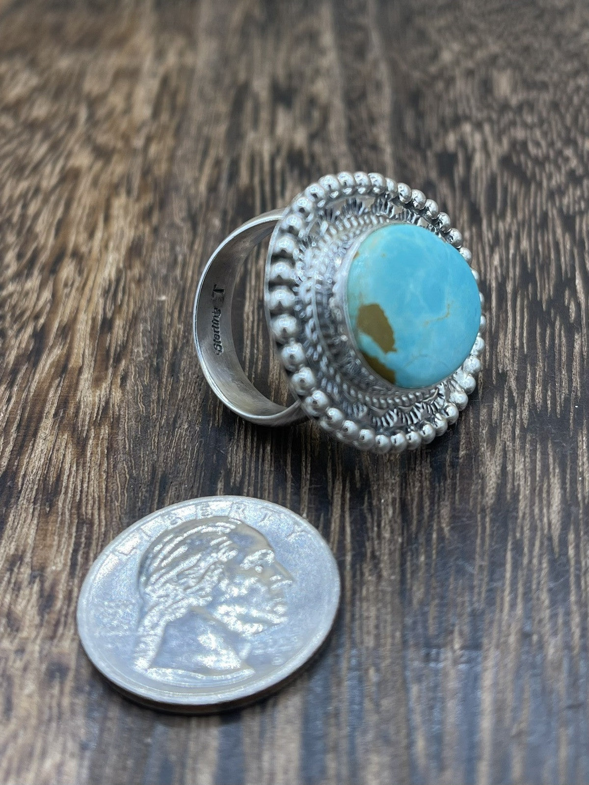 Navajo Handmade Sterling Silver Royston Turquoise Adjustable Ring Size 9 To 11