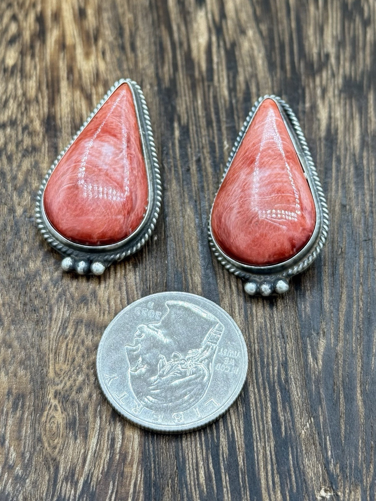 Navajo Handmade Sterling Silver Red Spiny Oyster Post Earrings By Byron Begay