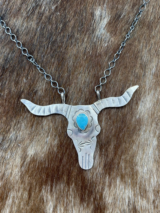 Navajo Handmade Sterling Silver Kingman Turquoise Longhorn Necklace By Betta Lee