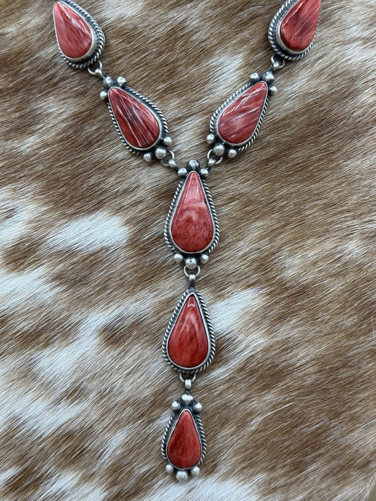 Navajo Handmade Sterling Silver Red Spiny Oyster Shell Lariat Necklace Set 20”