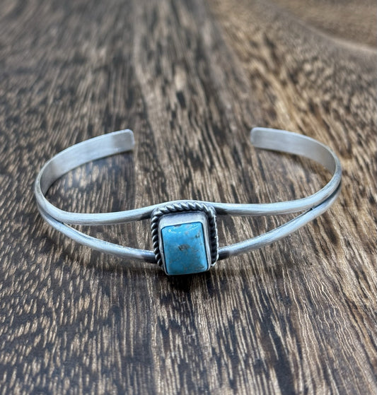 Navajo Handmade Sterling Silver Kingman Turquoise Stacker Old Look Bracelet