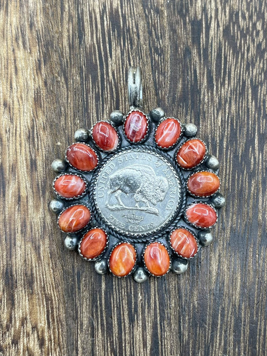 Navajo Handmade Sterling Silver Red Spiny Oyster Cluster Buffalo Coin Pendant