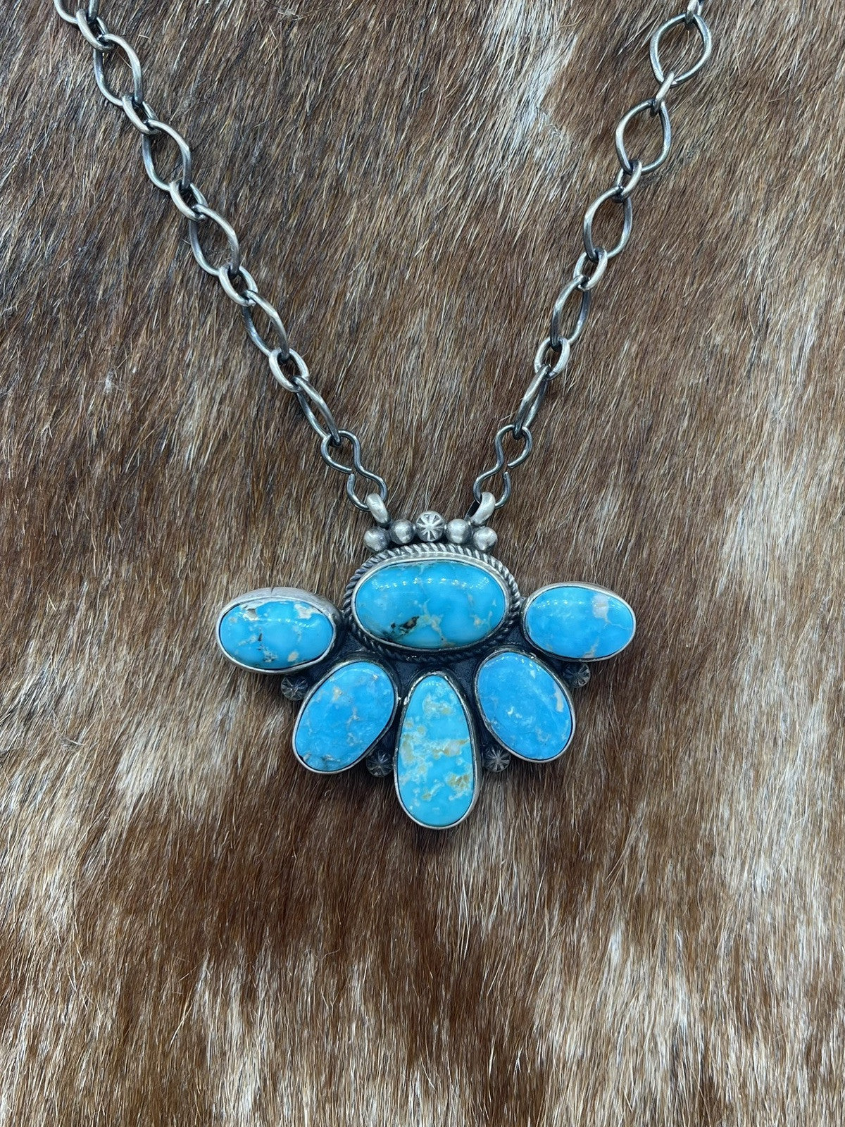 Navajo Handmade Sterling Silver Blue Ridge Turquoise Half Cluster Necklace 18”