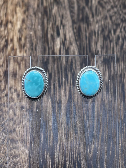 Navajo Handmade Sterling Silver Kingman Turquoise Post Stud Earrings Byron Begay