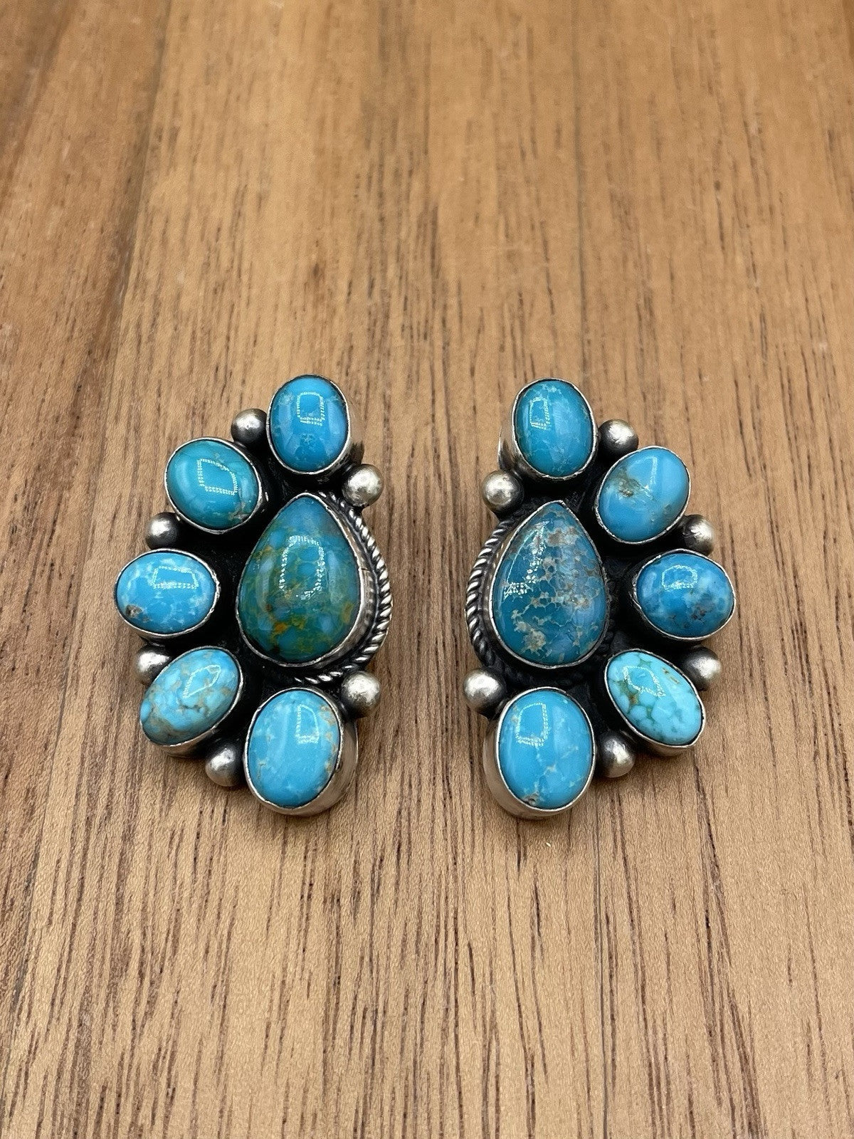 Navajo Handmade Sterling Silver Kingman Turquoise Half Cluster Earrings Tricia S