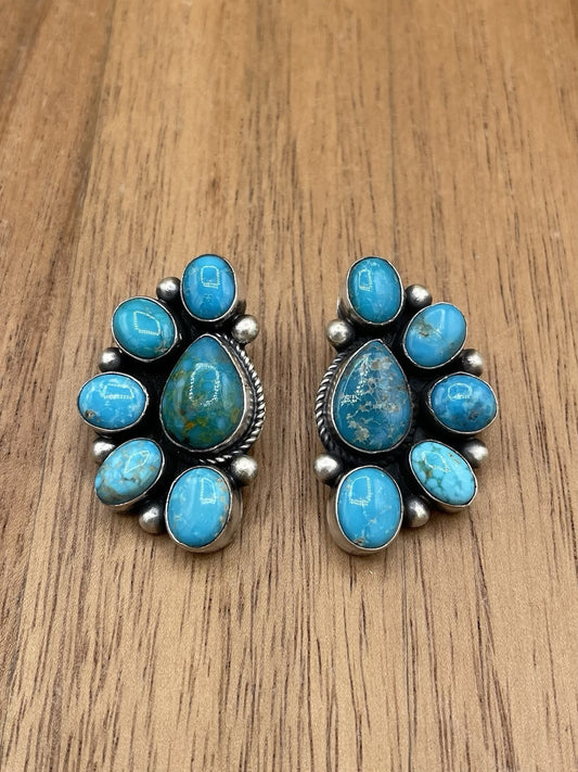 Navajo Handmade Sterling Silver Kingman Turquoise Half Cluster Earrings Tricia S