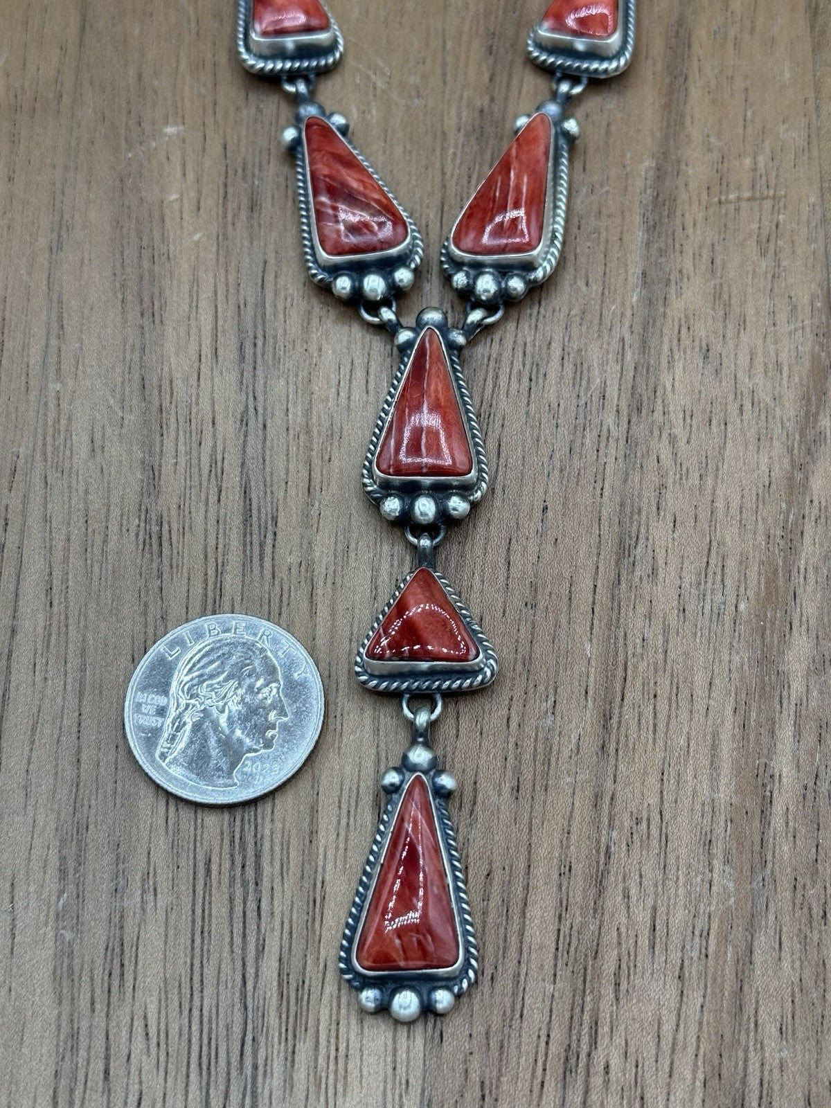 Navajo Handmade Sterling Silver Red Spiny Oyster Shell Lariat Necklace Set 20”