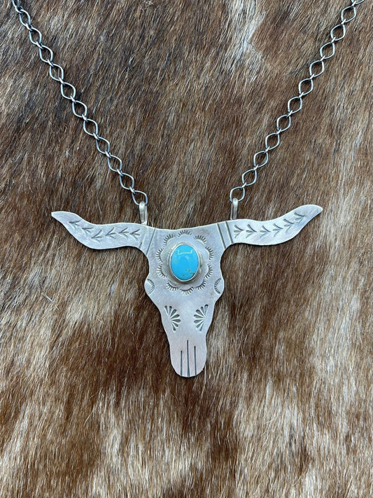 Navajo Handmade Sterling Silver Kingman Turquoise Longhorn Necklace By Betta Lee