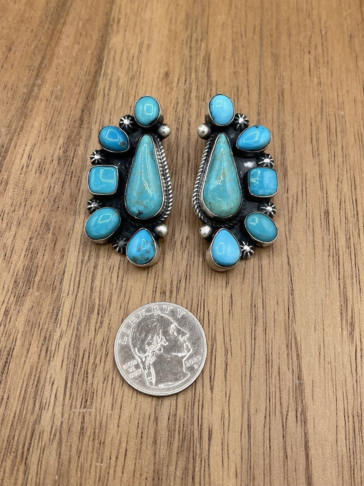 Navajo Handmade Sterling Silver Kingman Turquoise Half Cluster Earrings Tricia S