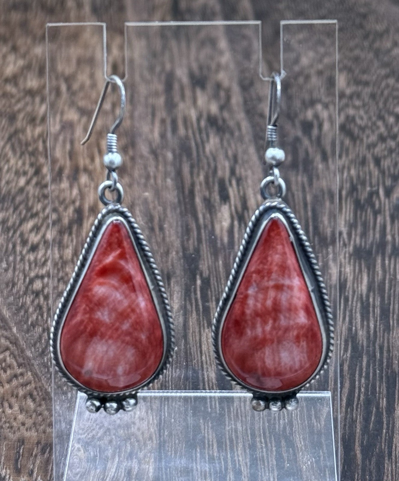 Navajo Handmade Sterling Silver Red Spiny Oyster Dangle Earrings By Byron Begay