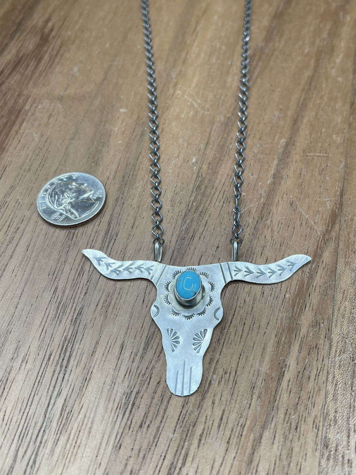 Navajo Handmade Sterling Silver Kingman Turquoise Longhorn Necklace By Betta Lee