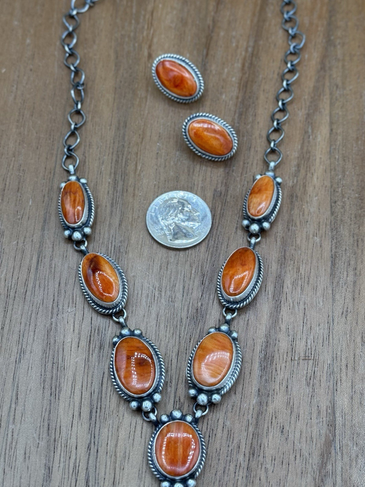Navajo Handmade Sterling Silver Orange Spiny Oyster Lariat Necklace Set 20”