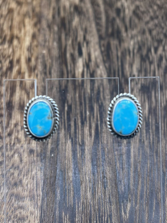 Navajo Handmade Sterling Silver Kingman Turquoise Post Stud Earrings Byron Begay