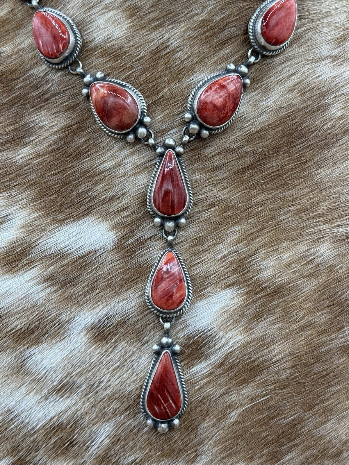 Navajo Handmade Sterling Silver Red Spiny Oyster Shell Lariat Necklace Set 20”