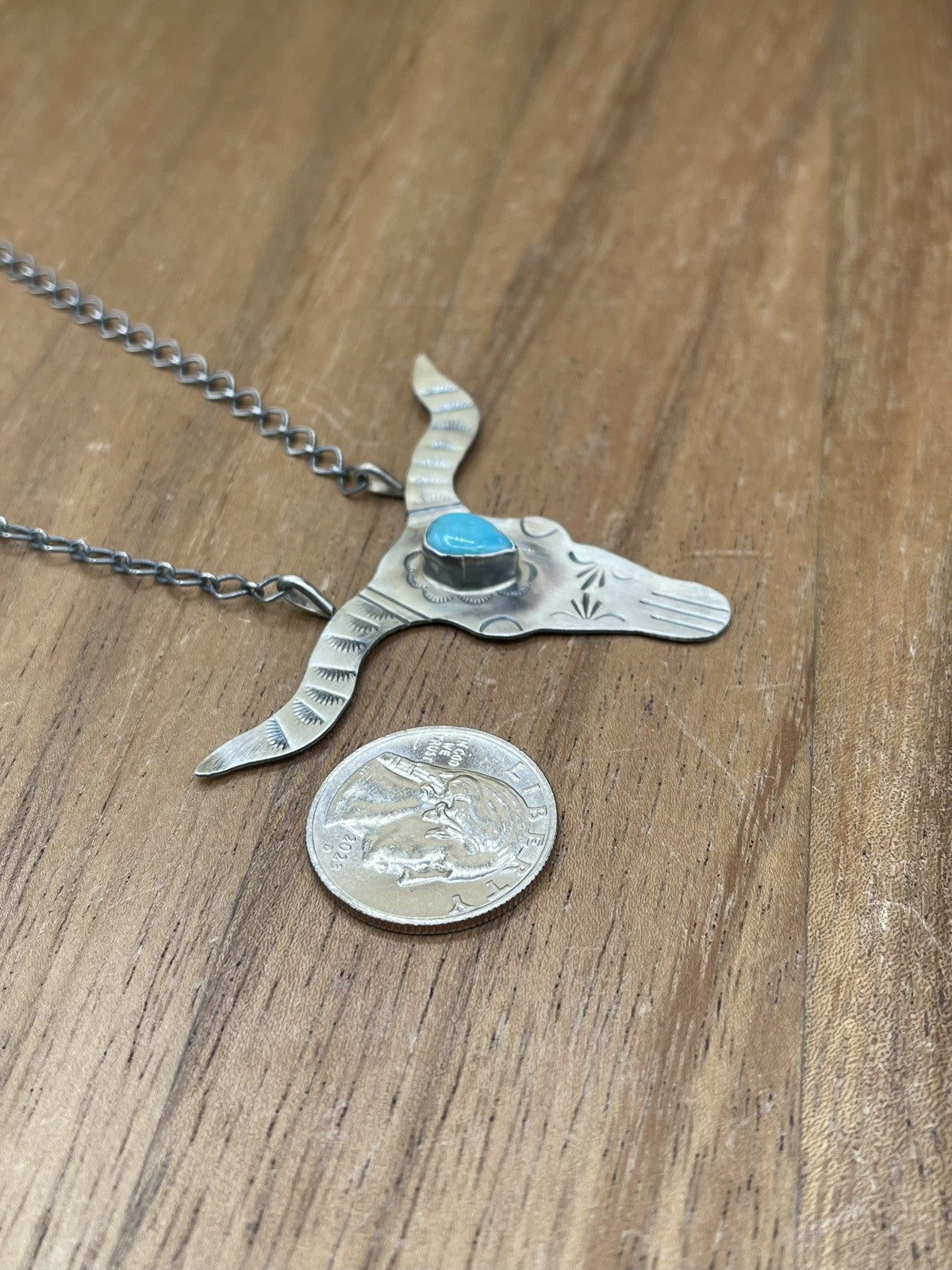 Navajo Handmade Sterling Silver Kingman Turquoise Longhorn Necklace By Betta Lee