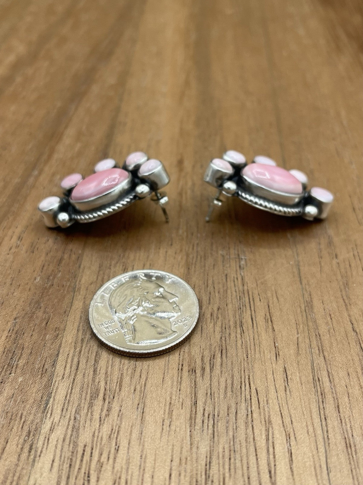 Navajo Handmade Sterling Silver Pink Conch Half Cluster Earrings By Tricia Smith