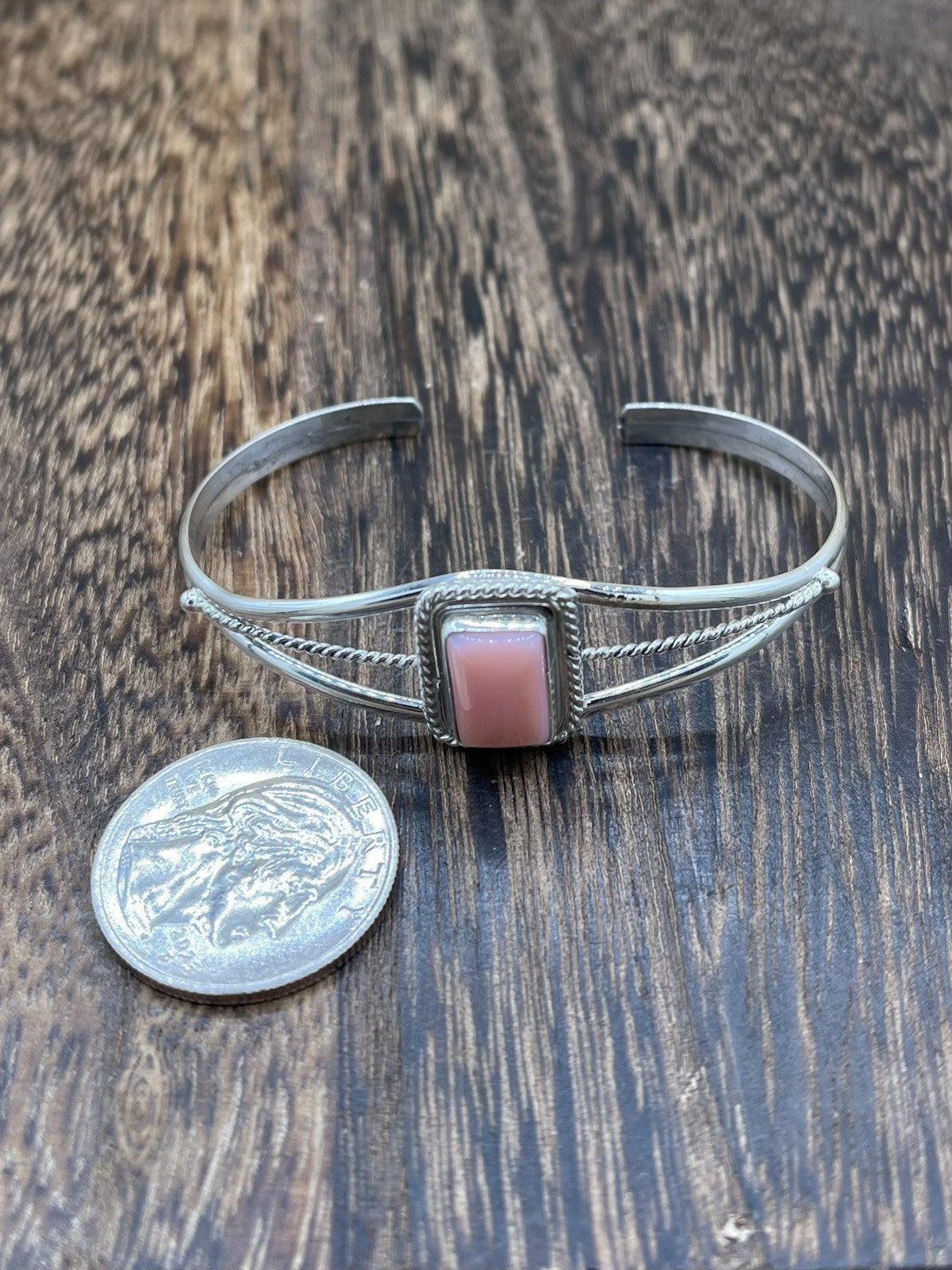 Navajo Handmade Sterling Silver Pink Conch Rectangular Bracelet By Peggy Skeets