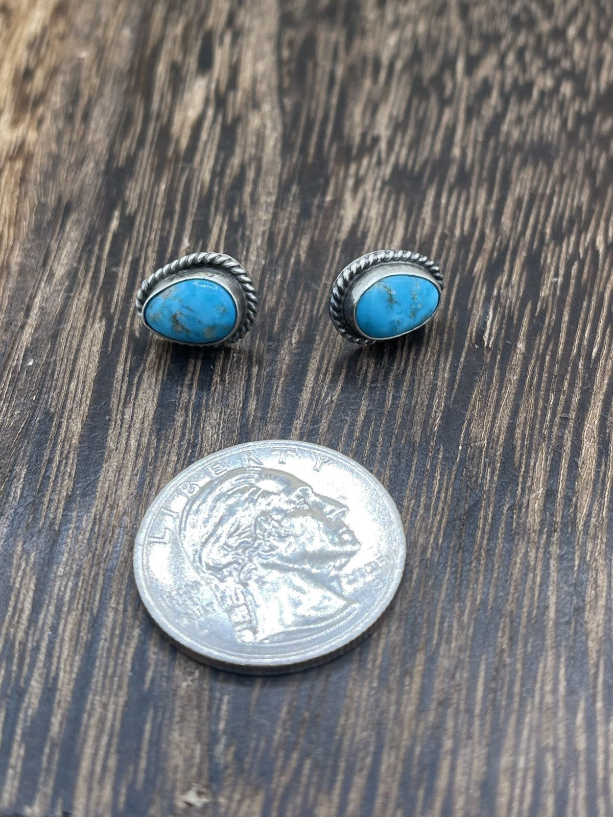 Navajo Handmade Sterling Silver Kingman Turquoise Post Stud Earrings Byron Begay