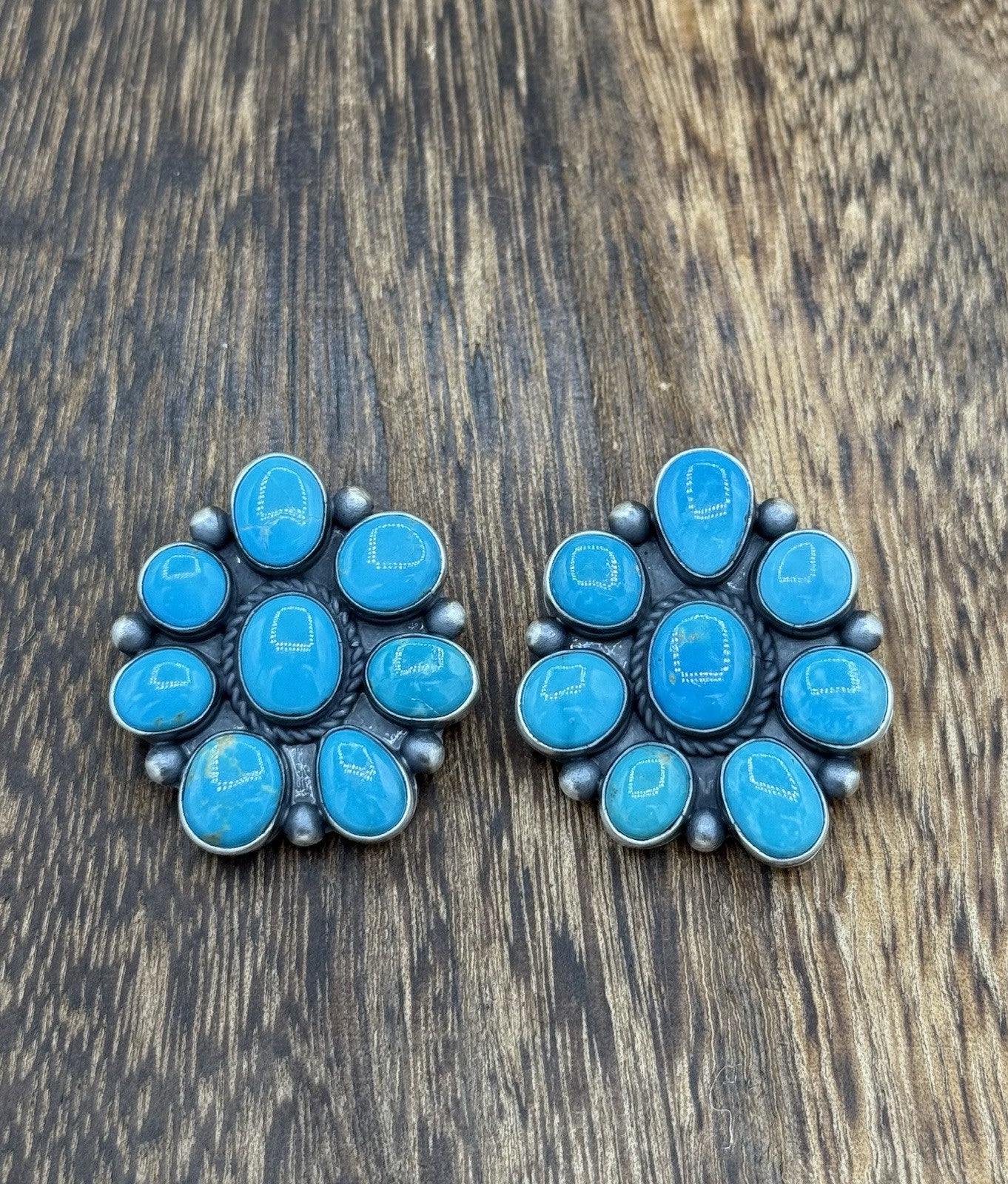 Navajo Handmade Sterling Silver Kingman Turquoise Cluster Earrings Tricia Smith