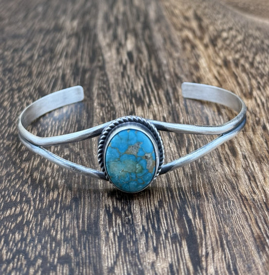 Navajo Handmade Sterling Silver Kingman Turquoise Stacker Old Look Bracelet