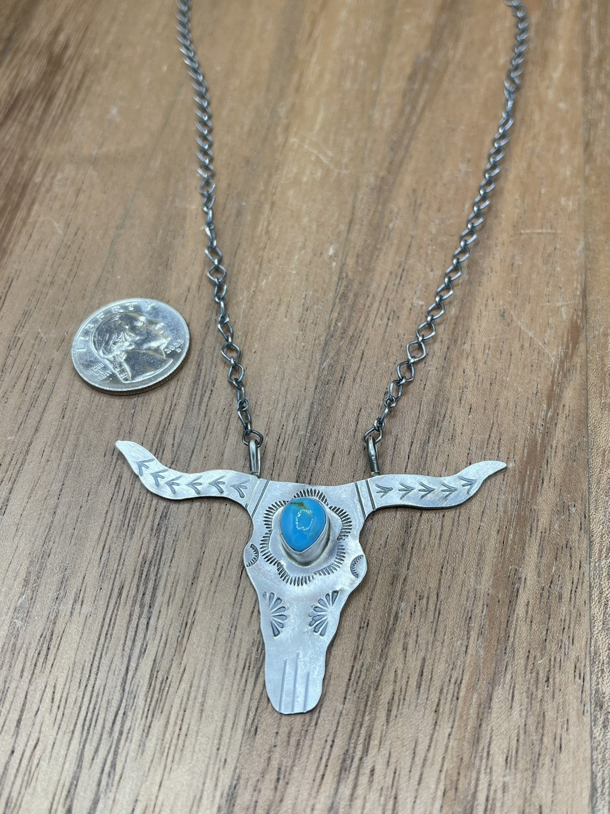 Navajo Handmade Sterling Silver Kingman Turquoise Longhorn Necklace By Betta Lee