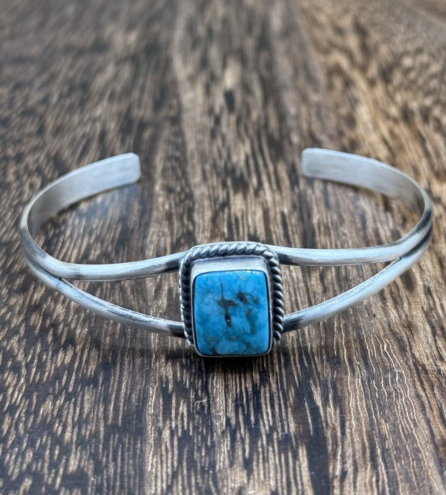 Navajo Handmade Sterling Silver Kingman Turquoise Stacker Old Look Bracelet