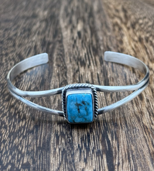 Navajo Handmade Sterling Silver Kingman Turquoise Stacker Old Look Bracelet