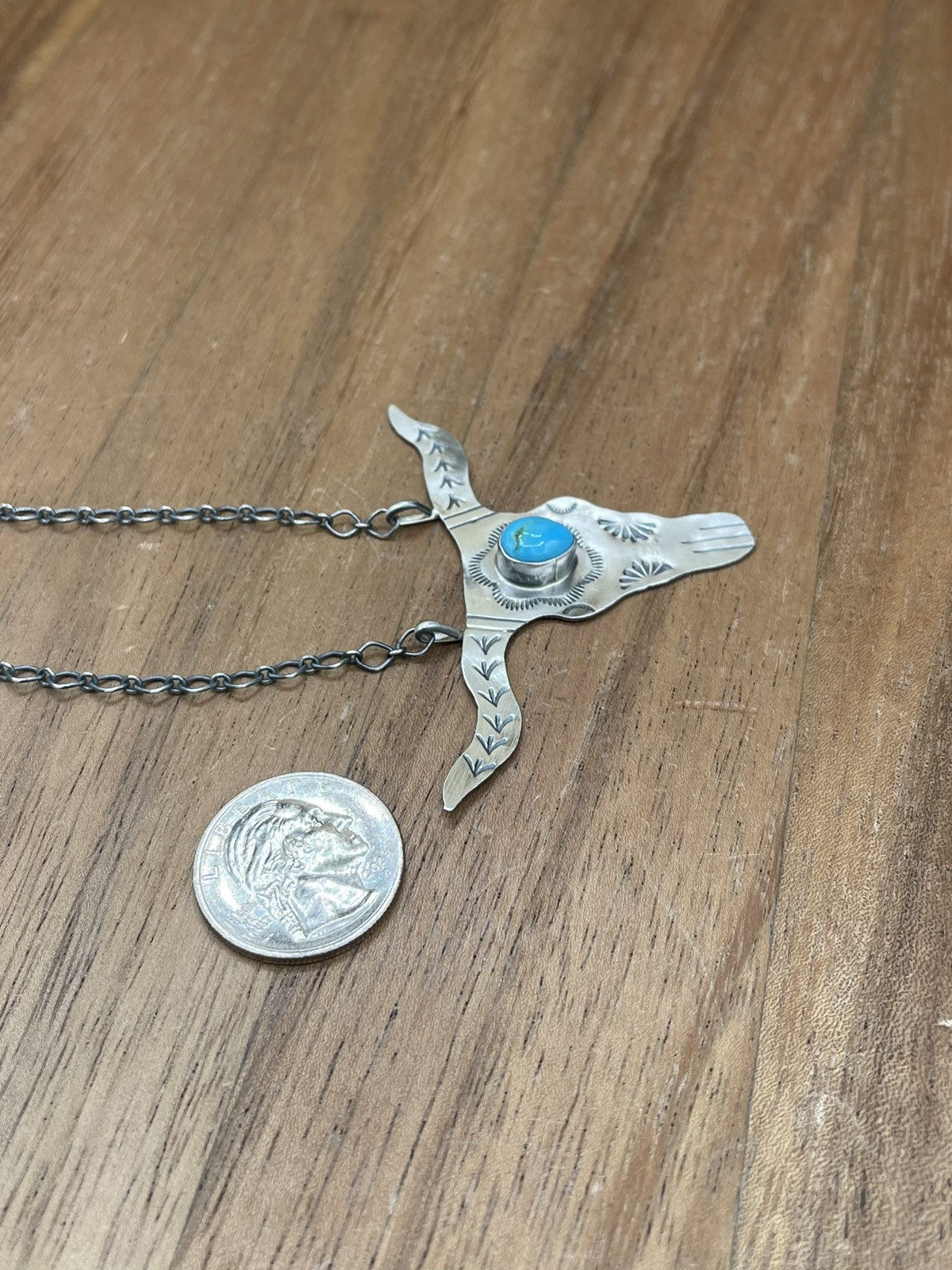 Navajo Handmade Sterling Silver Kingman Turquoise Longhorn Necklace By Betta Lee