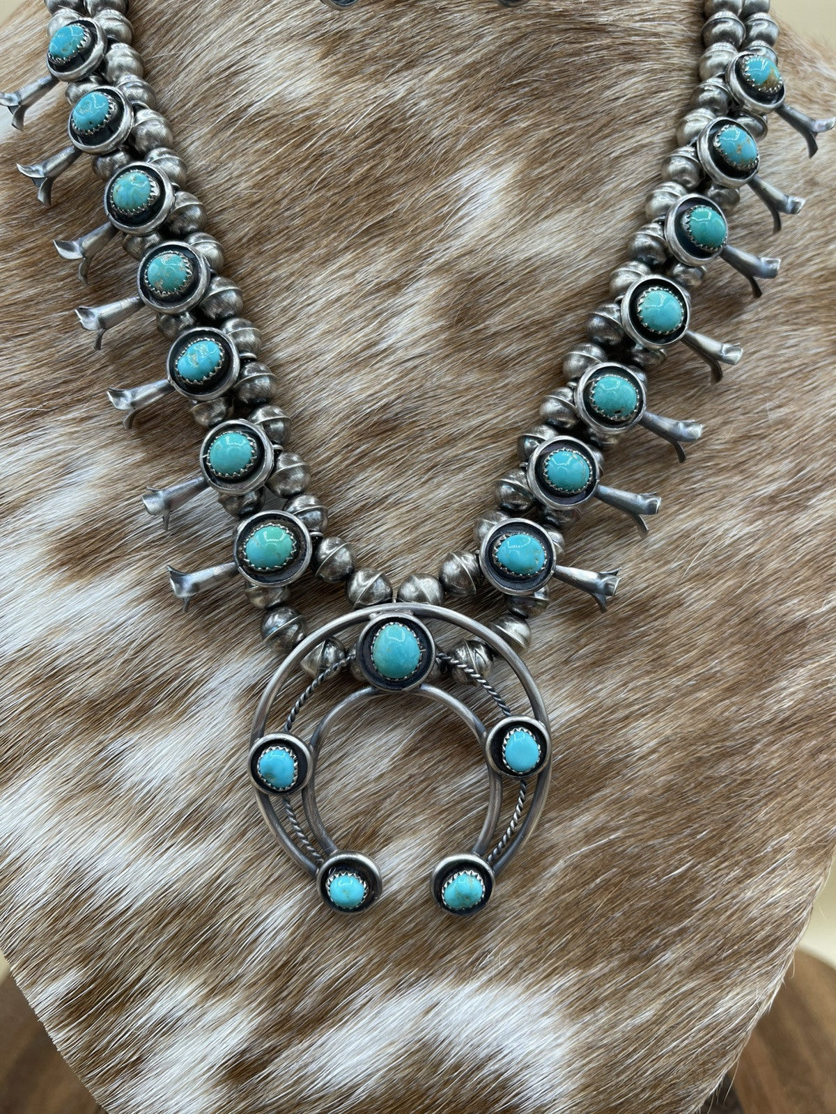 Navajo Handmade Sterling Silver Turquoise Shadowbox Squash Blossom Necklace 19”