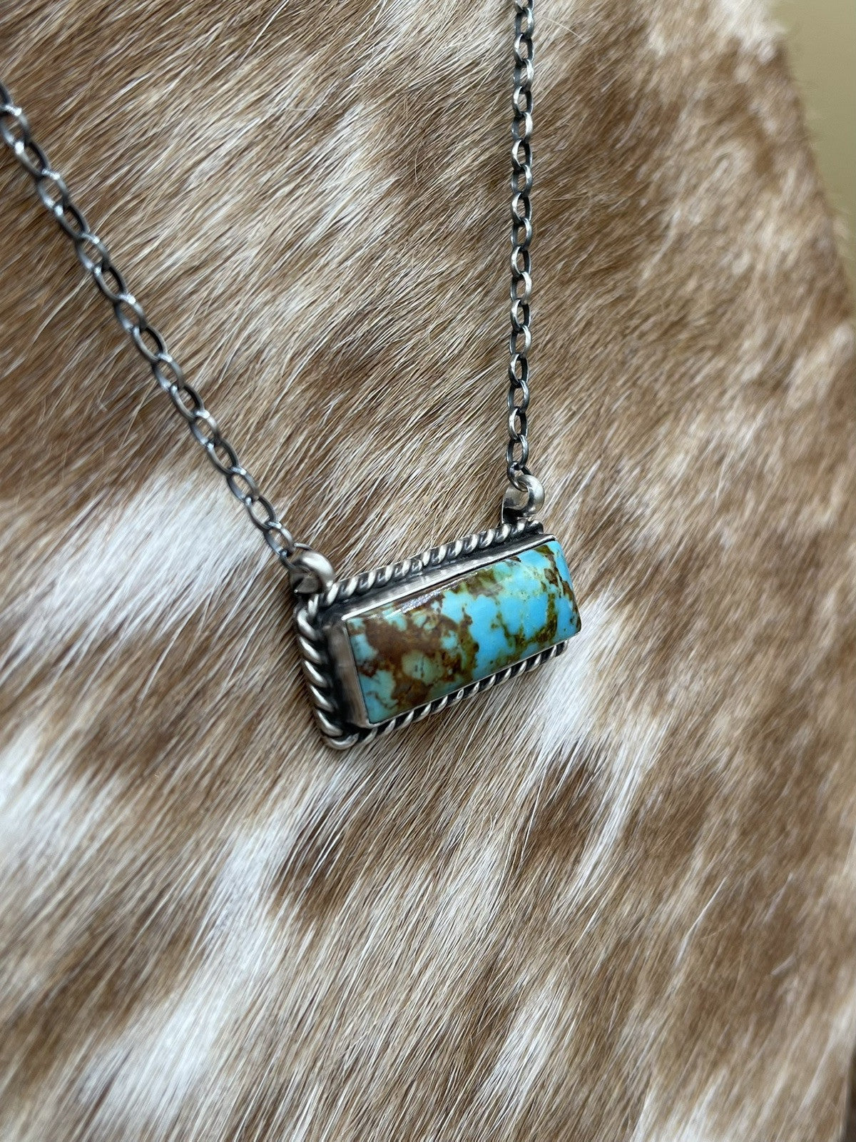 Navajo Handmade Sterling Silver #8 Turquoise Bar Necklace 18” by Augustine Largo