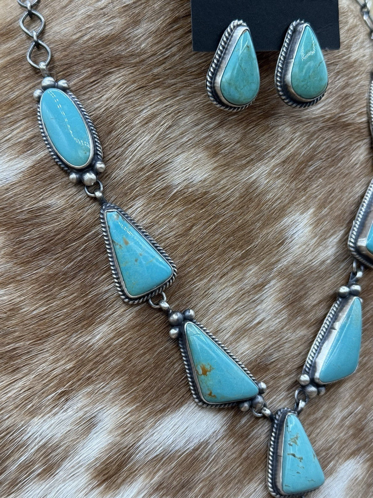 Navajo Handmade Sterling Silver Blue Glacier Turquoise Lariat Necklace Set 20”