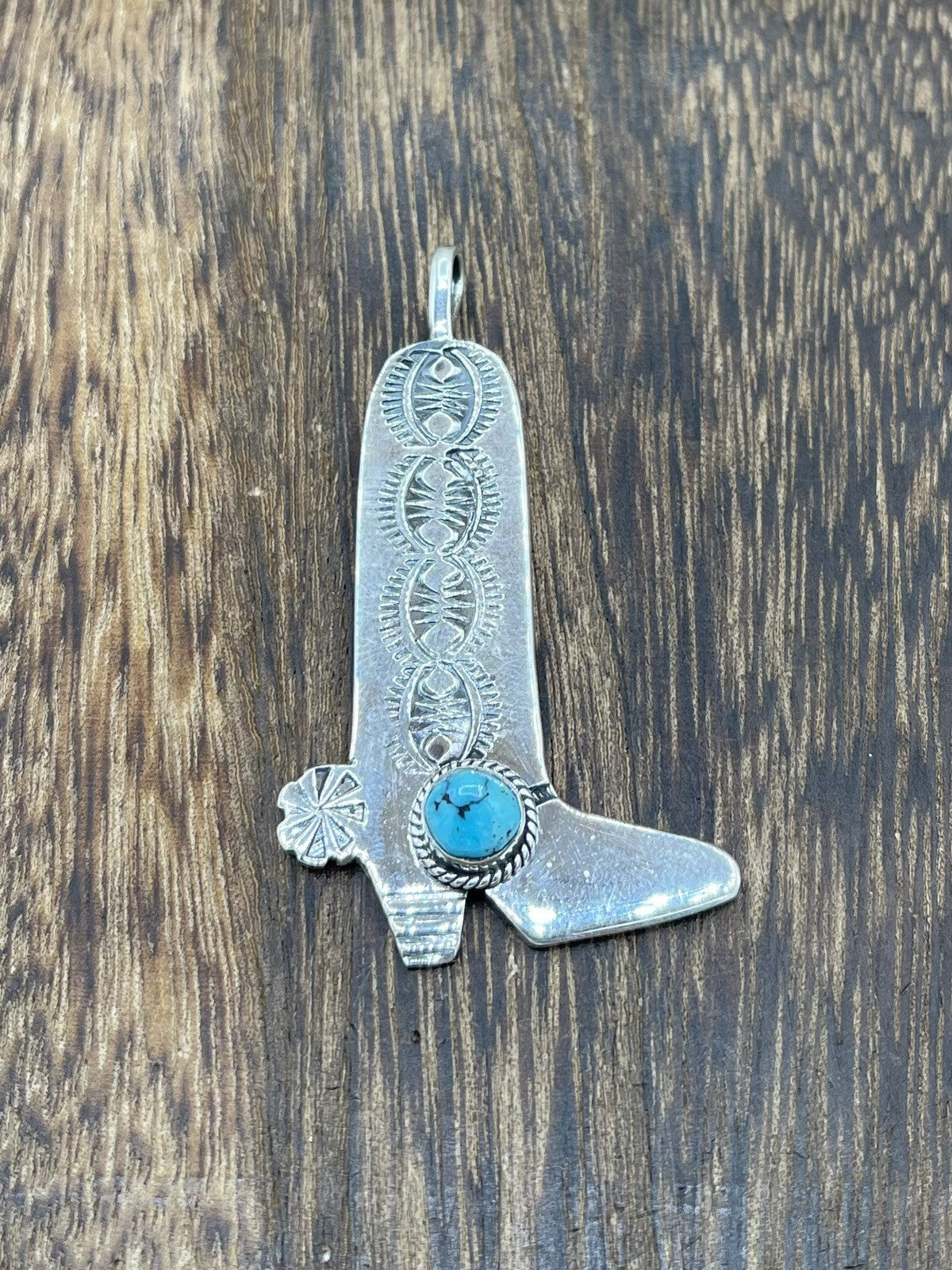 Navajo Handmade Sterling Silver Kingman Turquoise Stamped Cowboy Boot Pendant