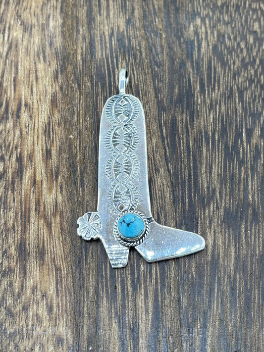 Navajo Handmade Sterling Silver Kingman Turquoise Stamped Cowboy Boot Pendant