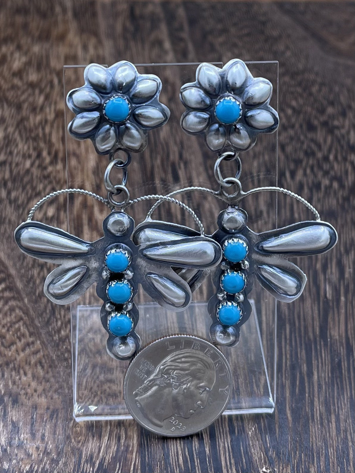 Navajo Handmade Sterling Silver Kingman Turquoise Dragonfly Post Dangle Earrings