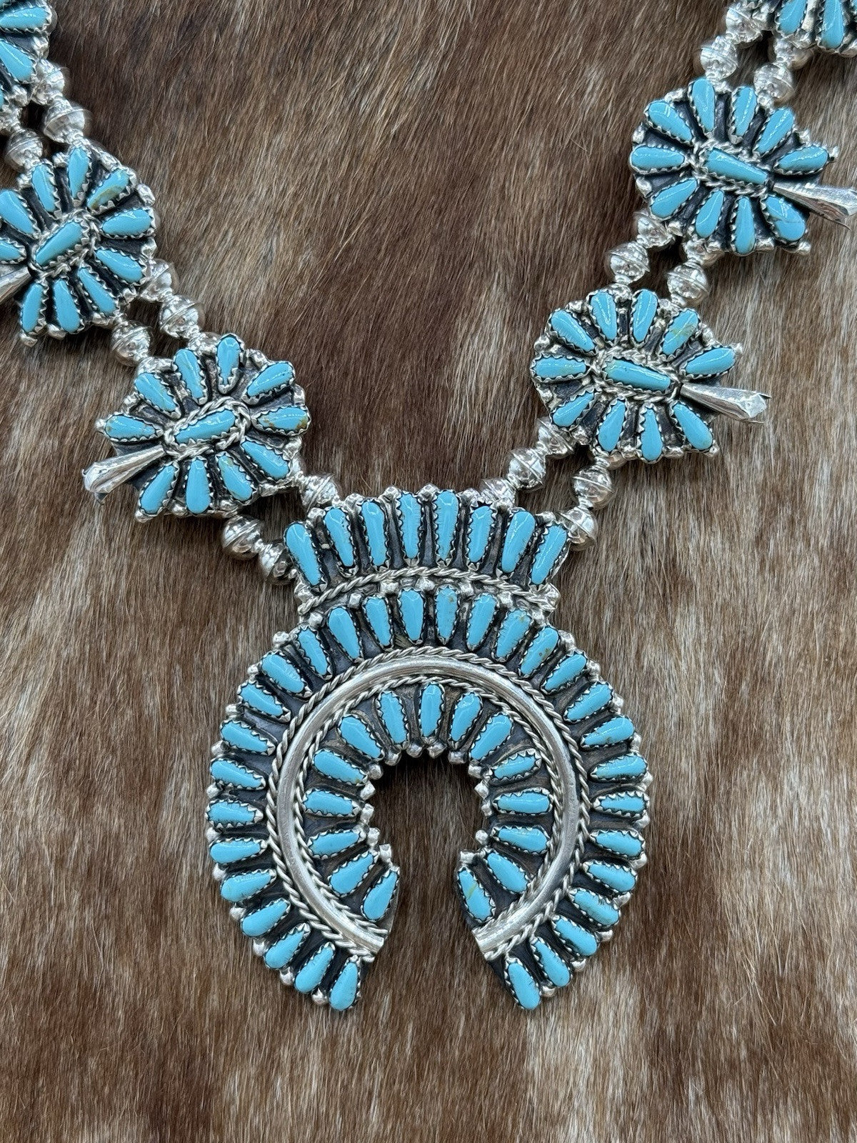 Navajo Handmade Sterling Silver Turquoise Squash Blossom Necklace 22” Mathilda B