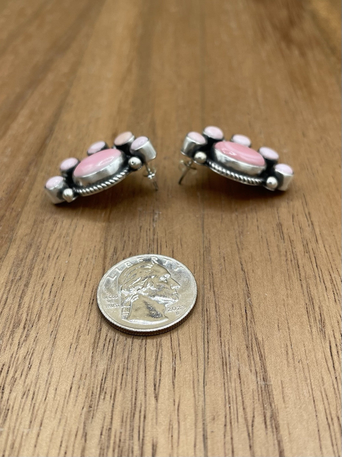 Navajo Handmade Sterling Silver Pink Conch Half Cluster Earrings By Tricia Smith