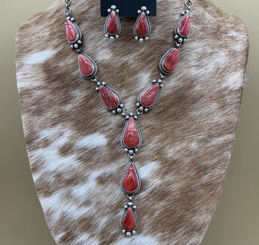 Navajo Handmade Sterling Silver Red Spiny Oyster Shell Lariat Necklace Set 20”