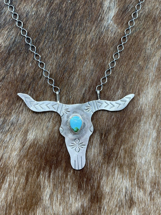 Navajo Handmade Sterling Silver Sonoran Turquoise Longhorn Necklace Betta Lee