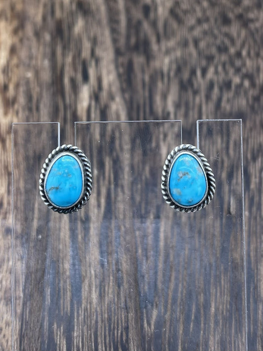 Navajo Handmade Sterling Silver Kingman Turquoise Post Stud Earrings Byron Begay