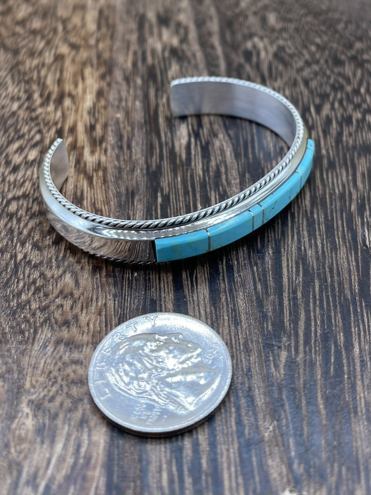 Navajo Handmade Sterling Silver Kingman Turquoise Inlay Bracelet Francis Yazzie