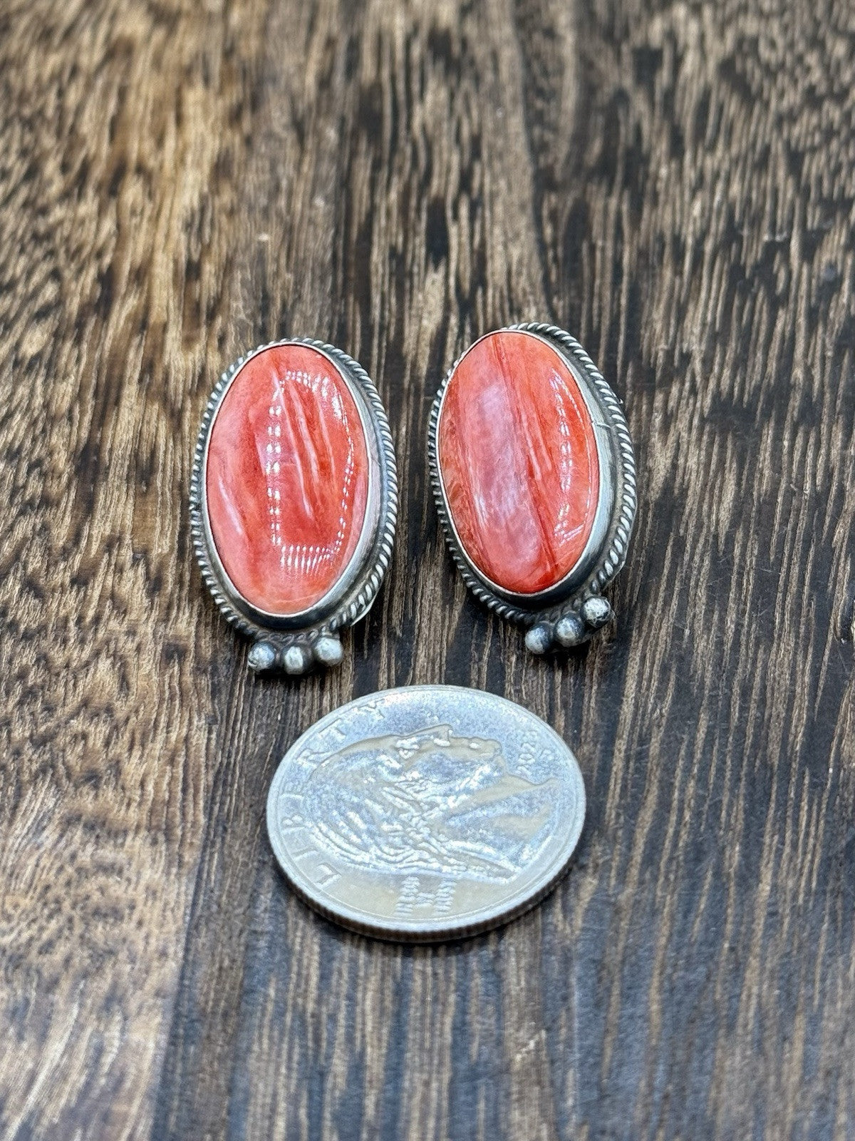 Navajo Handmade Sterling Silver Red Spiny Oyster Post Earrings By Byron Begay