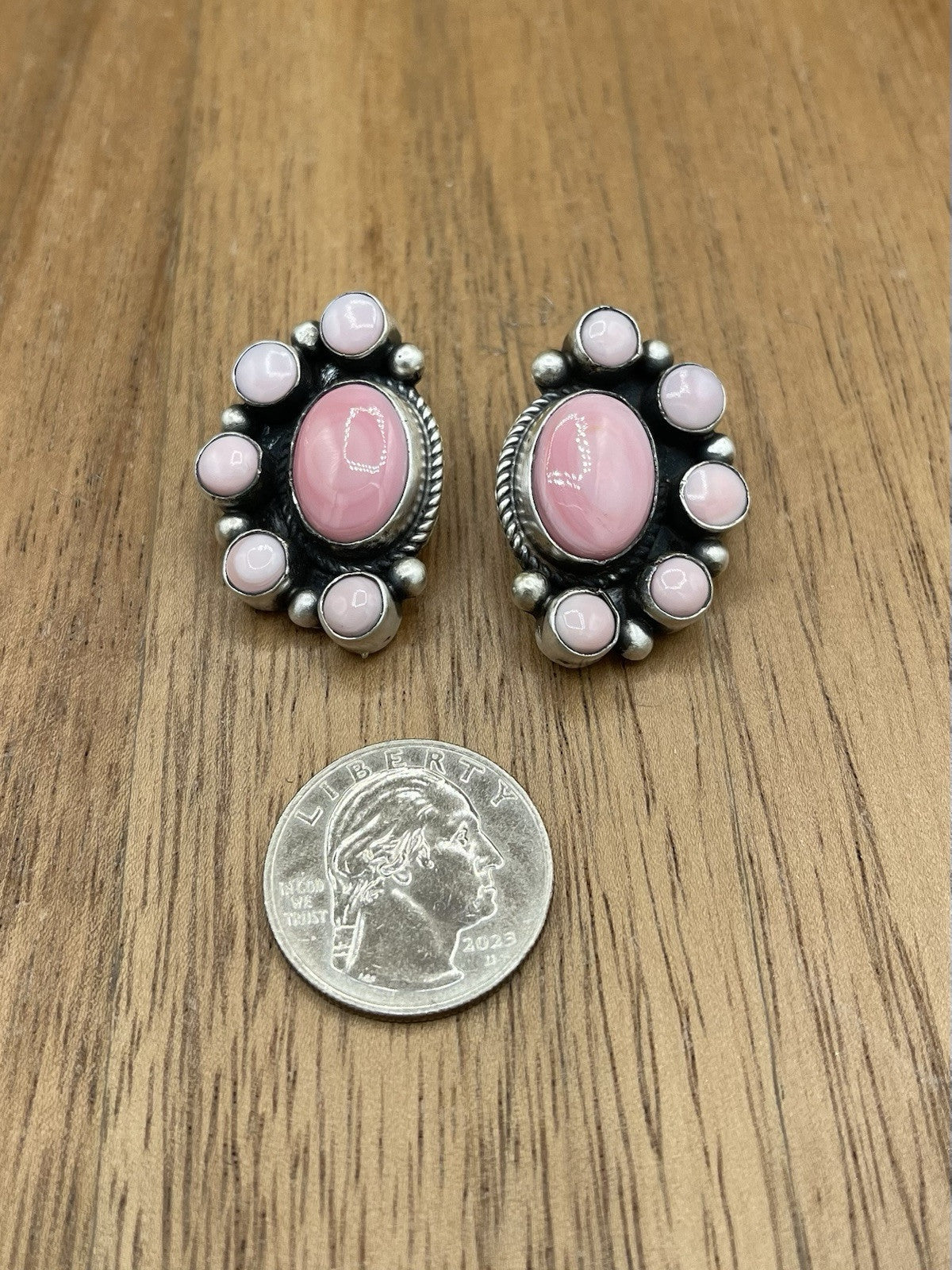 Navajo Handmade Sterling Silver Pink Conch Half Cluster Earrings By Tricia Smith