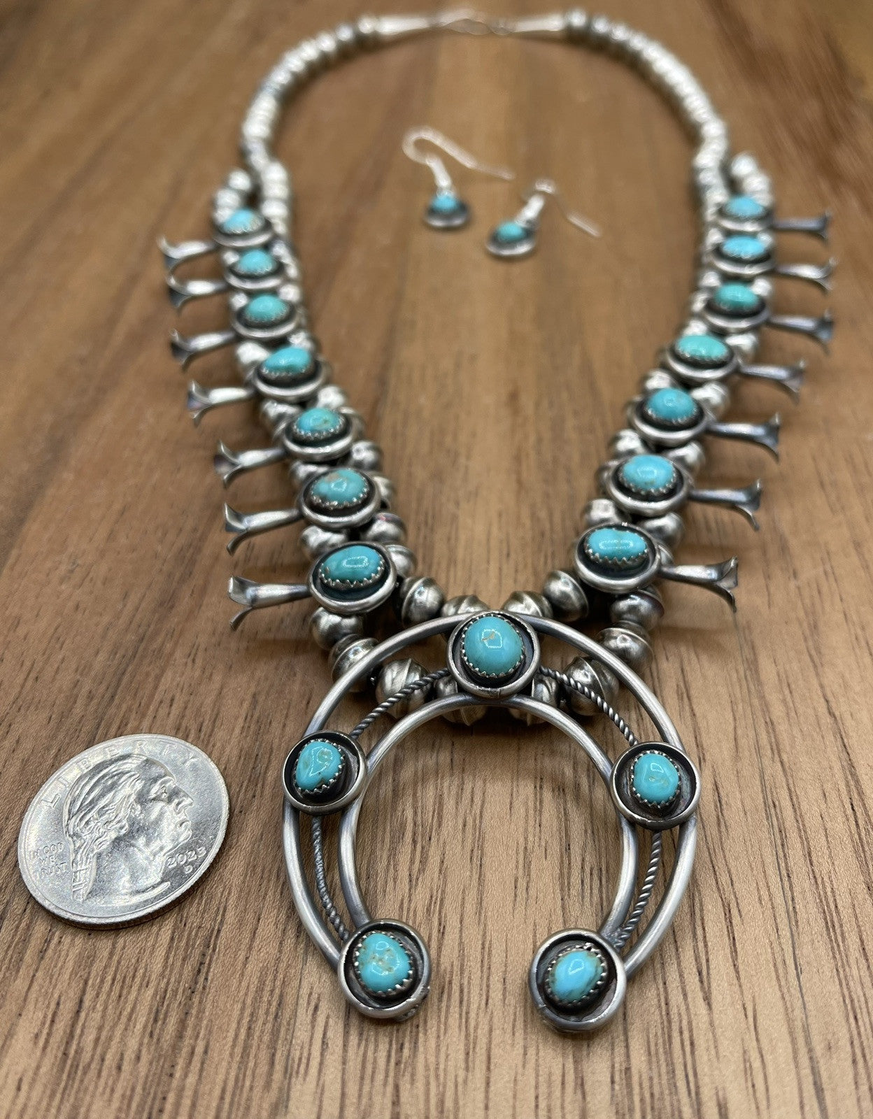 Navajo Handmade Sterling Silver Turquoise Shadowbox Squash Blossom Necklace 19”