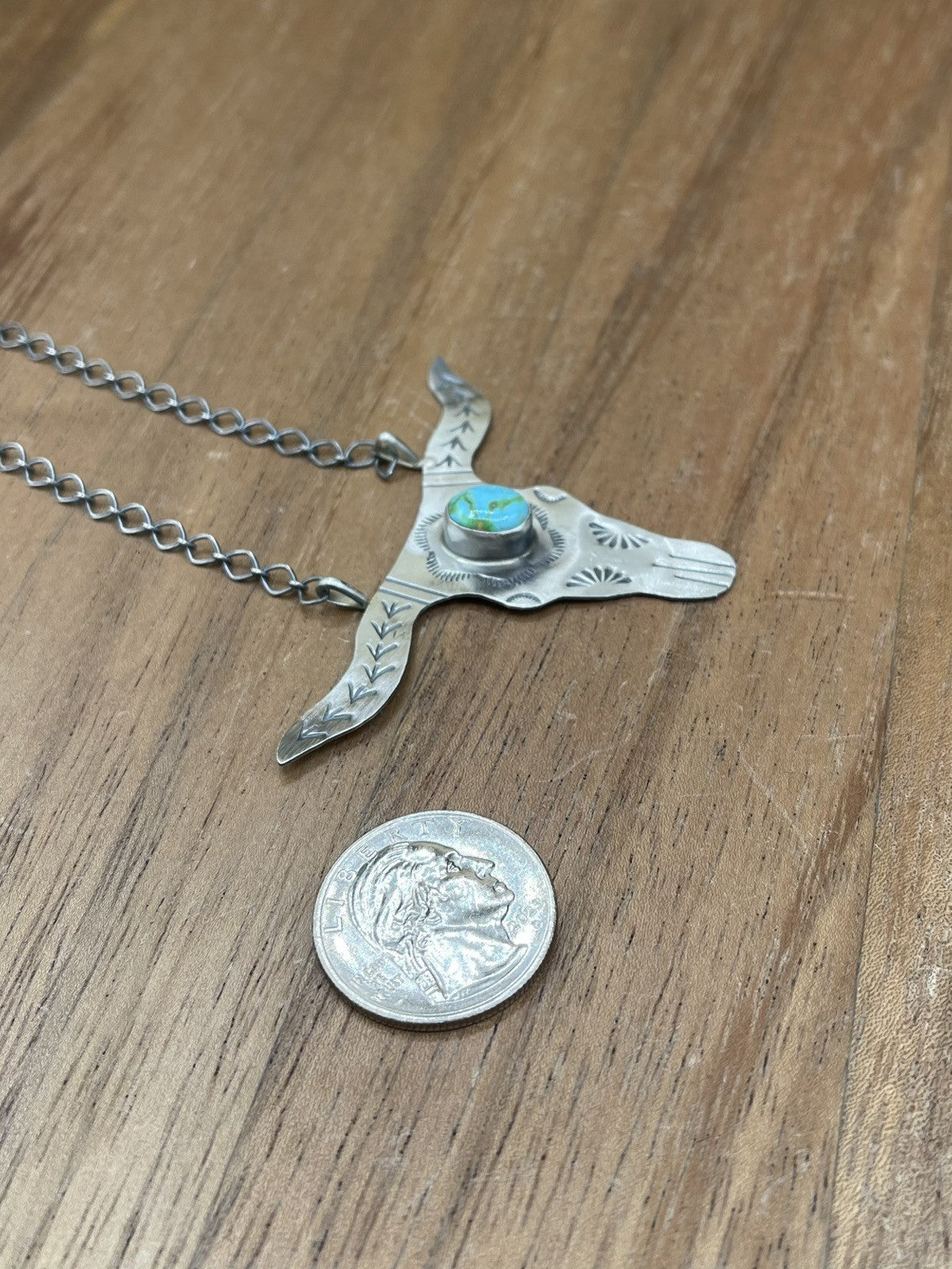 Navajo Handmade Sterling Silver Sonoran Turquoise Longhorn Necklace Betta Lee